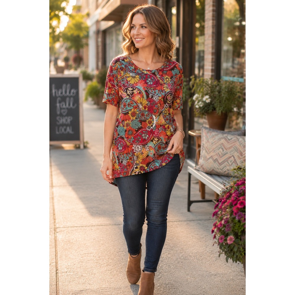 LuLaRoe Womens Top Size S Irma Teal Peach Yellow Brown Orange Paisley Floral NEW